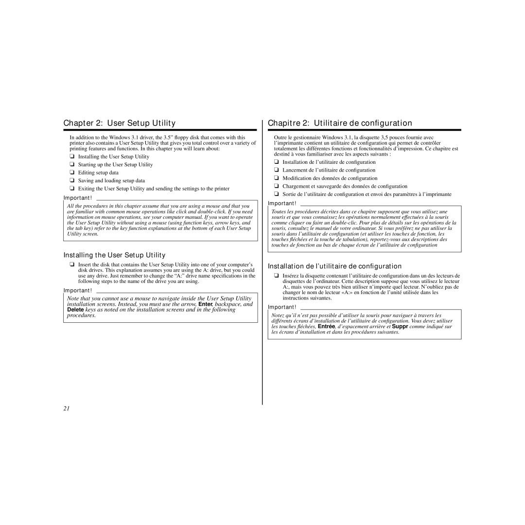 Star Micronics LC-90 manual Chapitre 2 Utilitaire de conﬁguration, Installing the User Setup Utility 