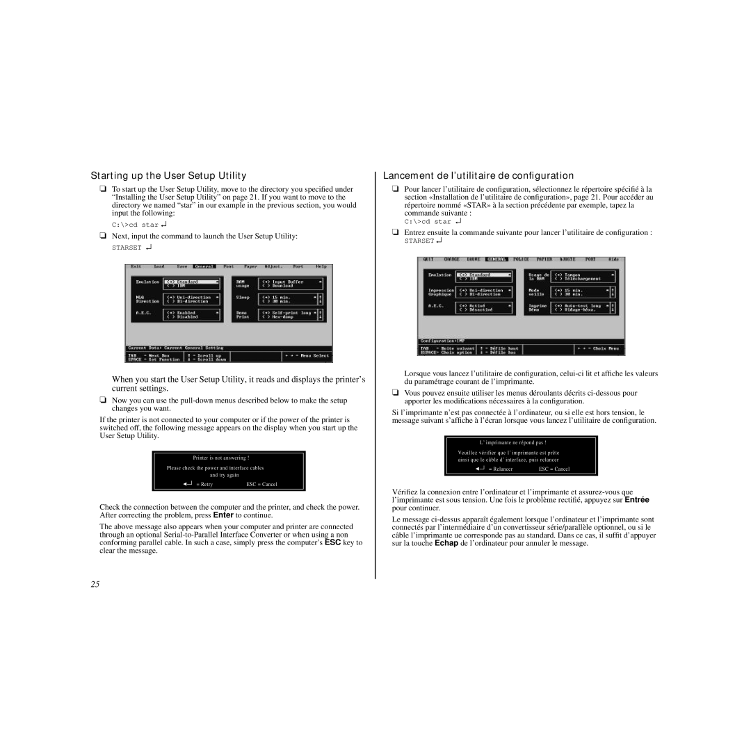 Star Micronics LC-90 manual Starting up the User Setup Utility, Lancement de l’utilitaire de conﬁguration 
