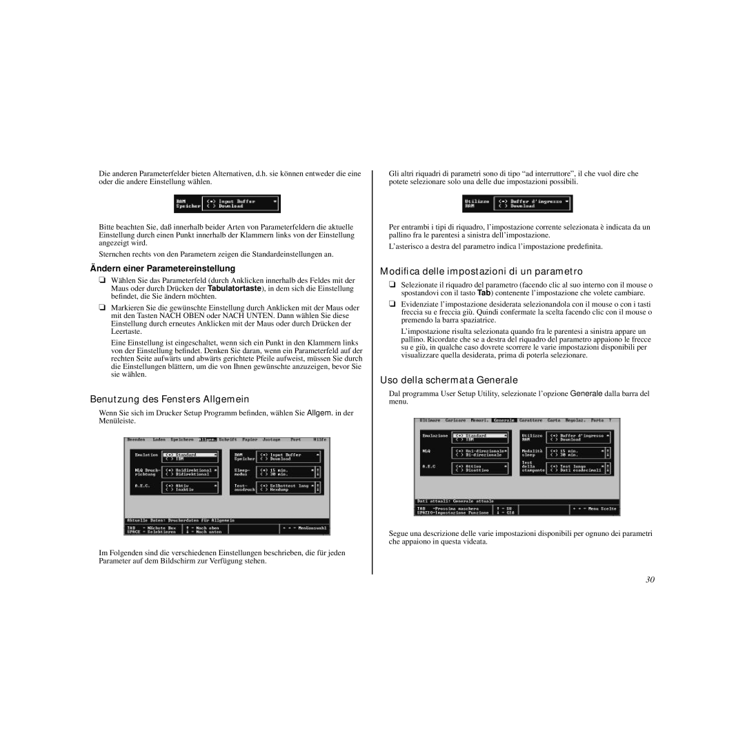 Star Micronics LC-90 manual Benutzung des Fensters Allgemein, Modiﬁca delle impostazioni di un parametro 