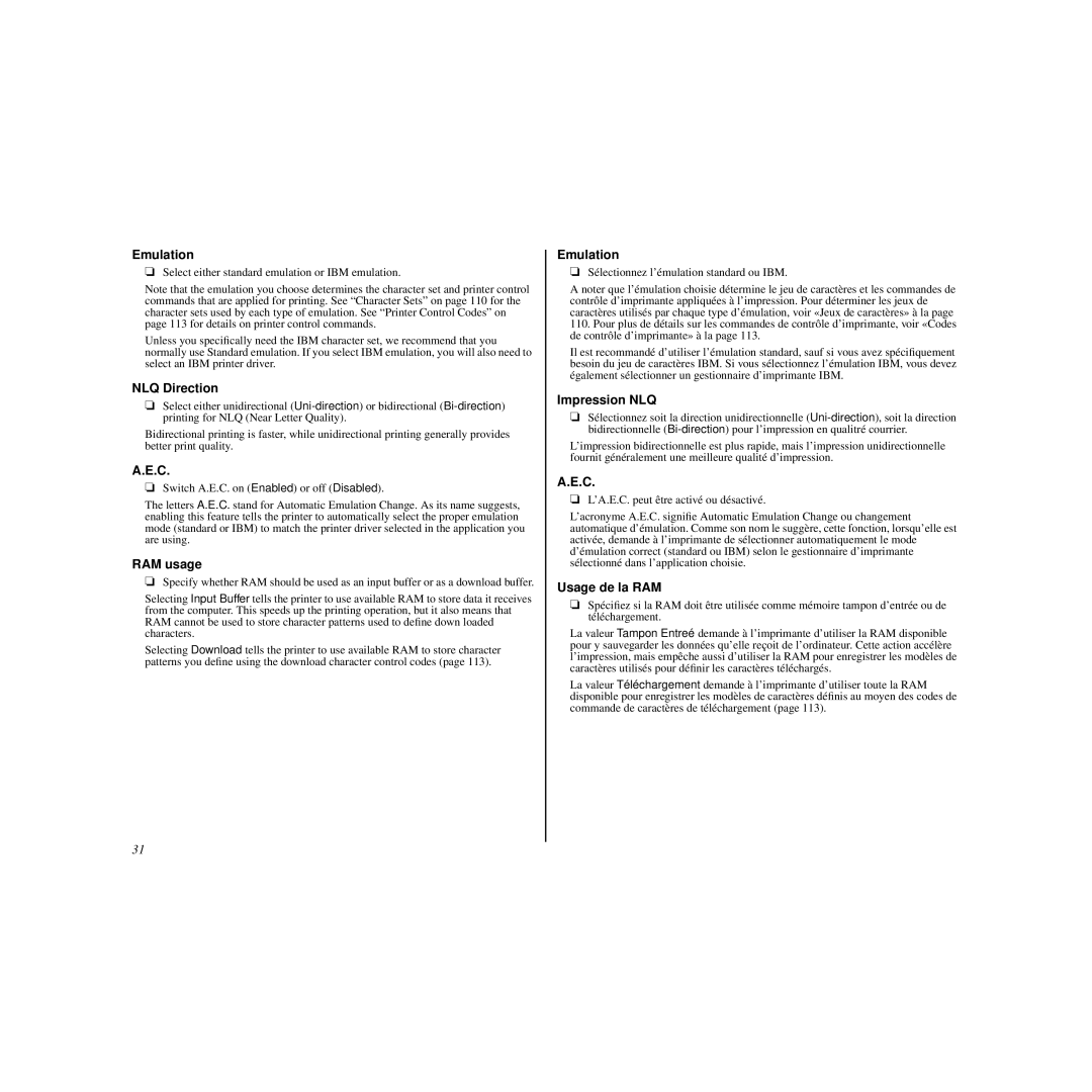 Star Micronics LC-90 manual Emulation, NLQ Direction, RAM usage, Impression NLQ, Usage de la RAM 