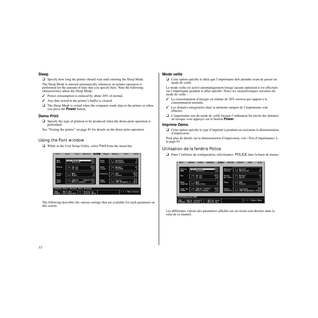 Star Micronics LC-90 manual Using the Font window, Utilisation de la fenêtre Police 