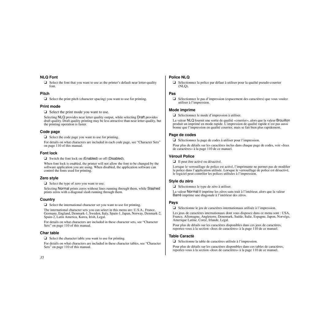 Star Micronics LC-90 NLQ Font, Pitch, Print mode, Code, Font lock, Zero style, Country, Char table, Police NLQ, Pas, Pays 