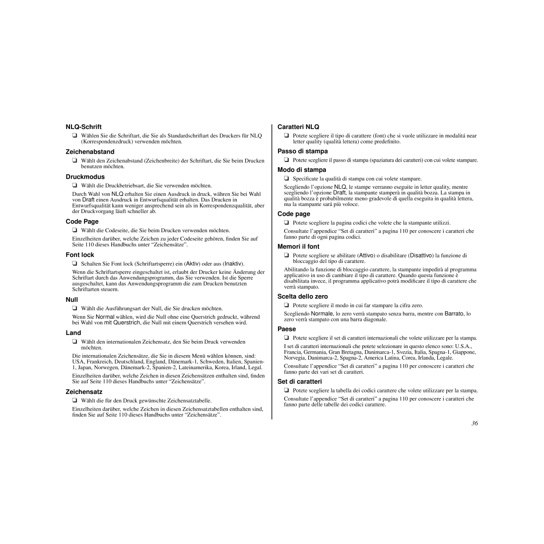 Star Micronics LC-90 NLQ-Schrift, Zeichenabstand, Druckmodus, Null, Land, Zeichensatz, Caratteri NLQ, Passo di stampa 