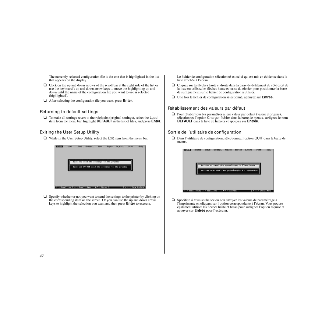 Star Micronics LC-90 Returning to default settings, Exiting the User Setup Utility, Rétablissement des valeurs par défaut 