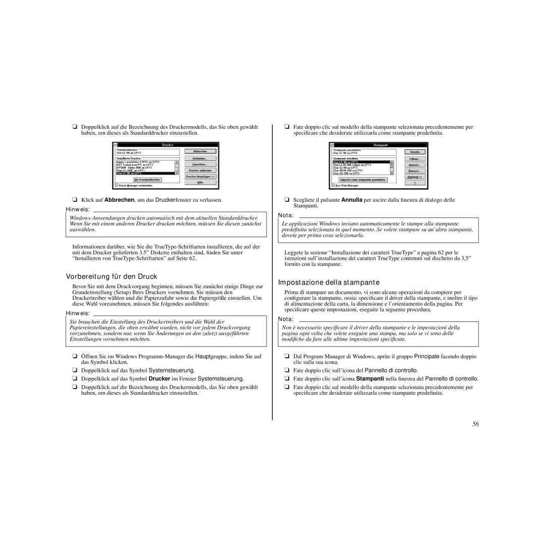 Star Micronics LC-90 manual Vorbereitung für den Druck, Impostazione della stampante 