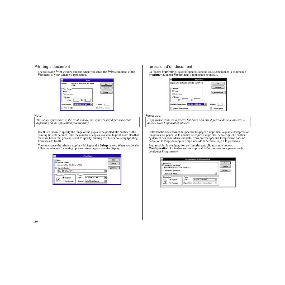 Star Micronics LC-90 manual Printing a document, Impression d’un document 