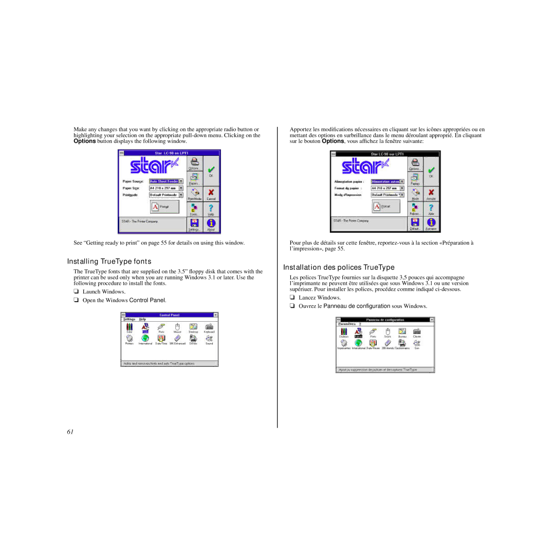 Star Micronics LC-90 manual Installing TrueType fonts, Installation des polices TrueType 