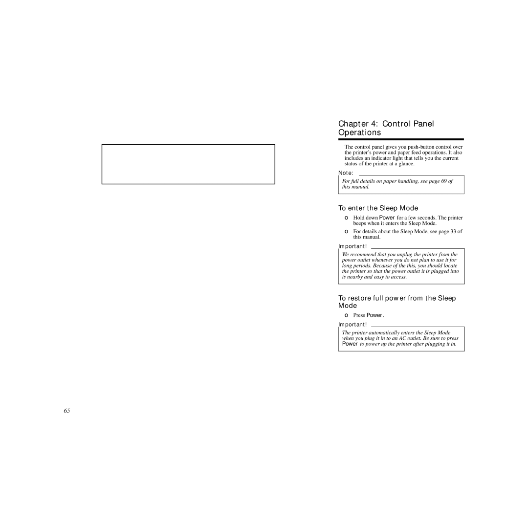 Star Micronics LC-90 manual Control Panel Operations, To enter the Sleep Mode, To restore full power from the Sleep Mode 