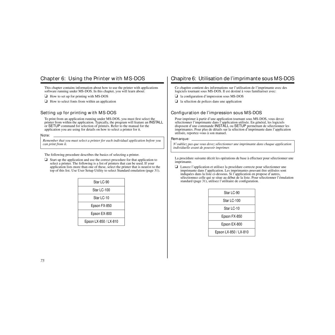 Star Micronics LC-90 manual Using the Printer with MS-DOS, Chapitre 6 Utilisation de l’imprimante sous MS-DOS 