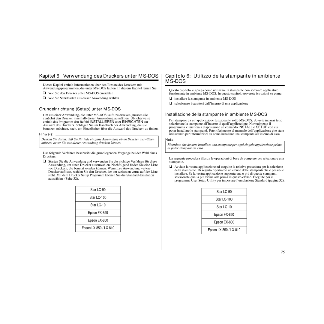 Star Micronics LC-90 manual Kapitel 6 Verwendung des Druckers unter MS-DOS, Capitolo 6 Utilizzo della stampante in ambiente 