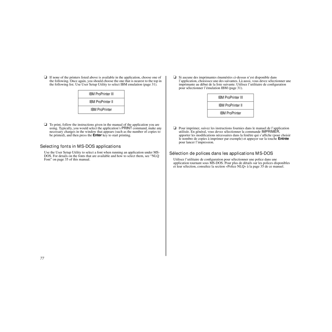 Star Micronics LC-90 manual Selecting fonts in MS-DOS applications, Sélection de polices dans les applications MS-DOS 