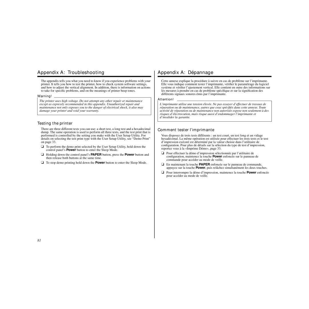 Star Micronics LC-90 Appendix a Troubleshooting, Appendix a Dépannage, Testing the printer, Comment tester l’imprimante 