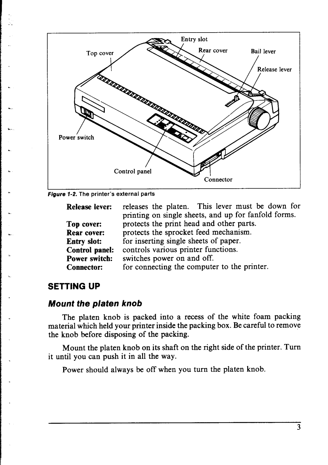 Star Micronics LC-IOII user manual Setting UP, Mount the platen knob 