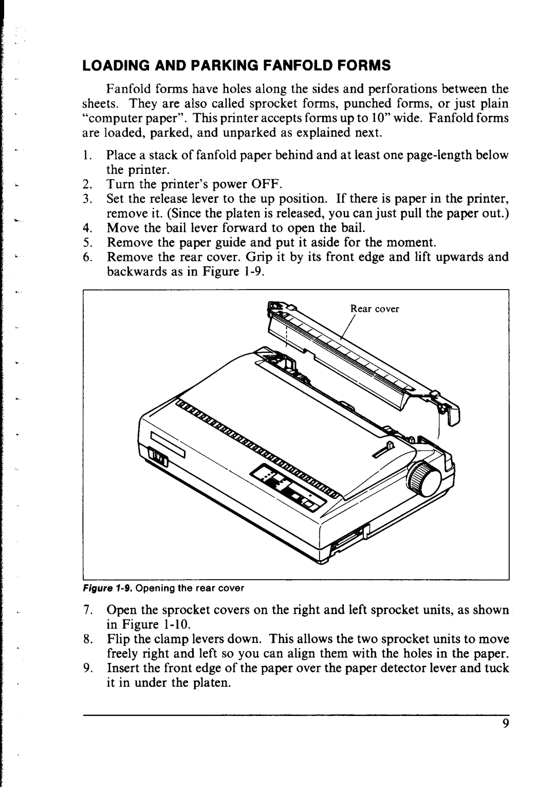 Star Micronics LC-IOII user manual Loading and Parking Fanfold Forms, Figure i-9. Opening the rear cover 