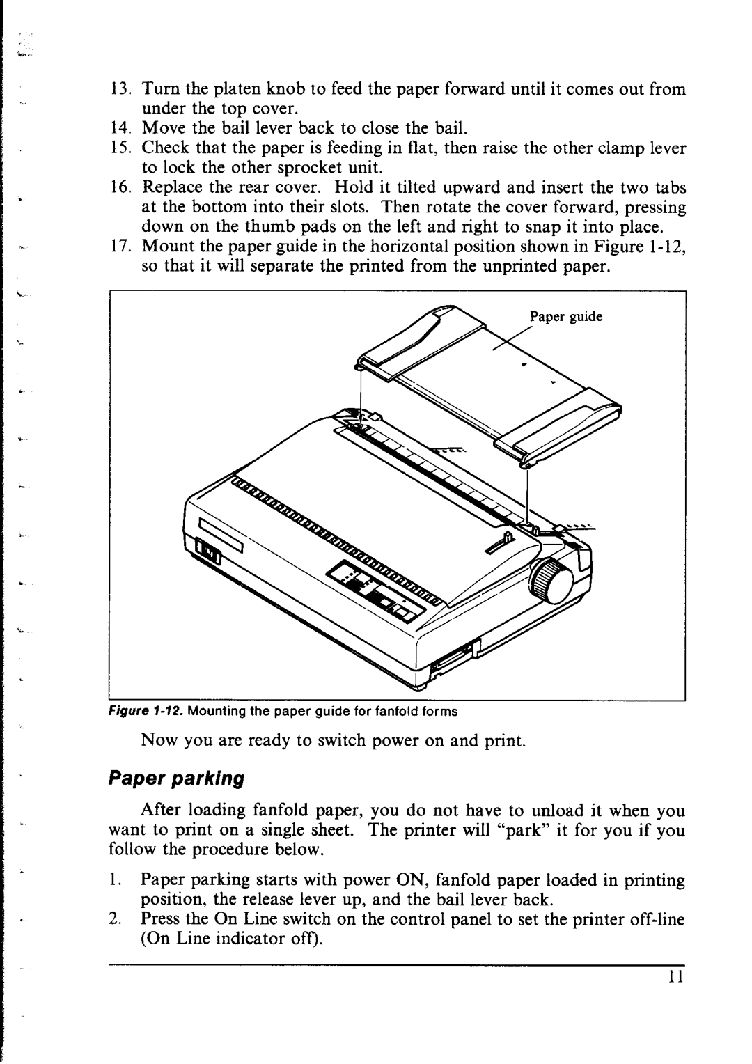 Star Micronics LC-IOII user manual Paper parking, Figure l-12.Mounting the paper guide for fanfold forms 