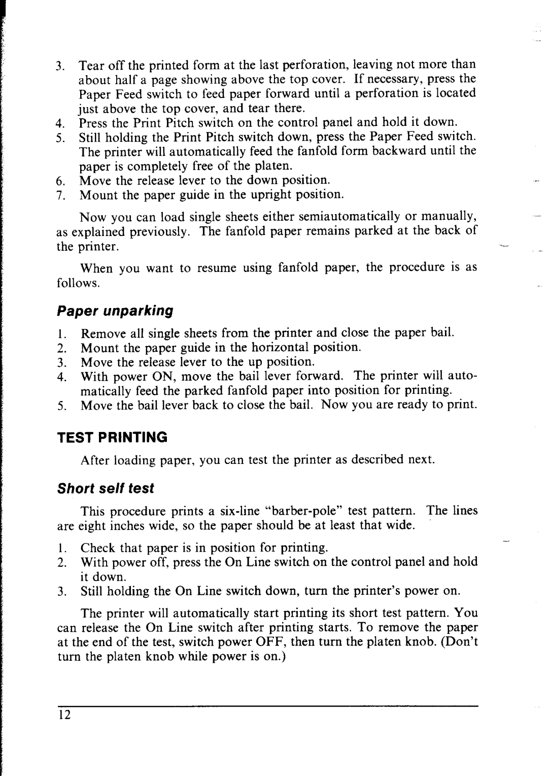 Star Micronics LC-IOII user manual Short self test, Paper unparking, Test Printing 