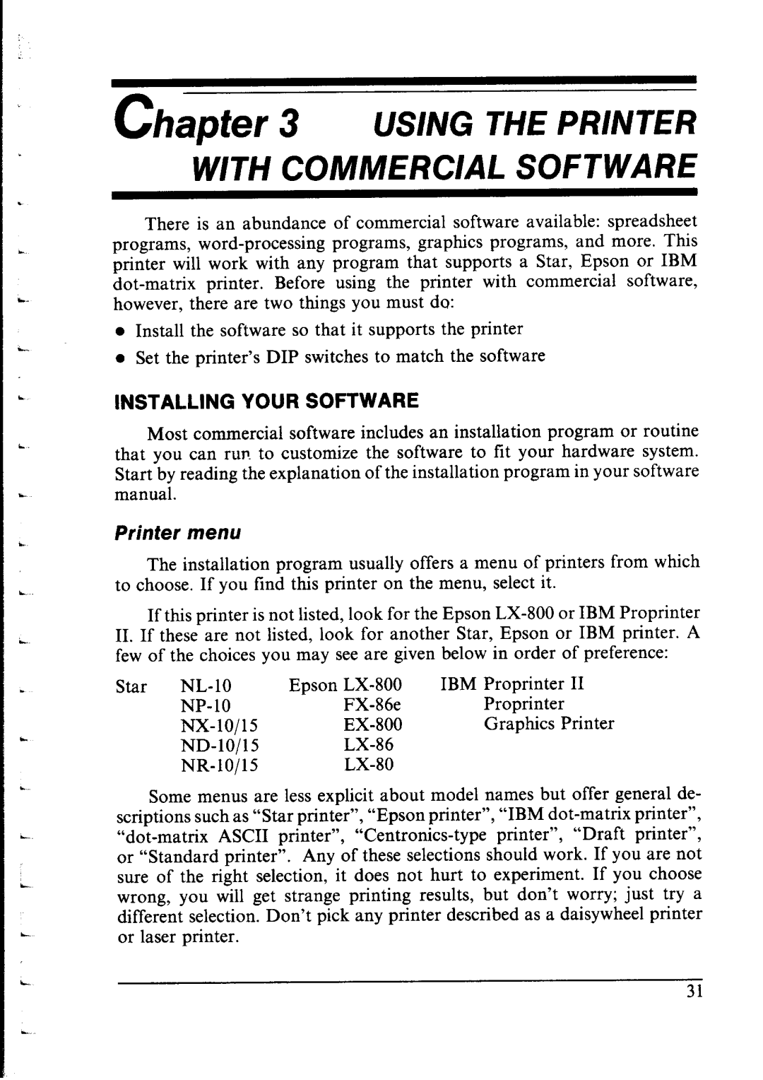 Star Micronics LC-IOII user manual Using THEPRlNTER, Installing Your Software 