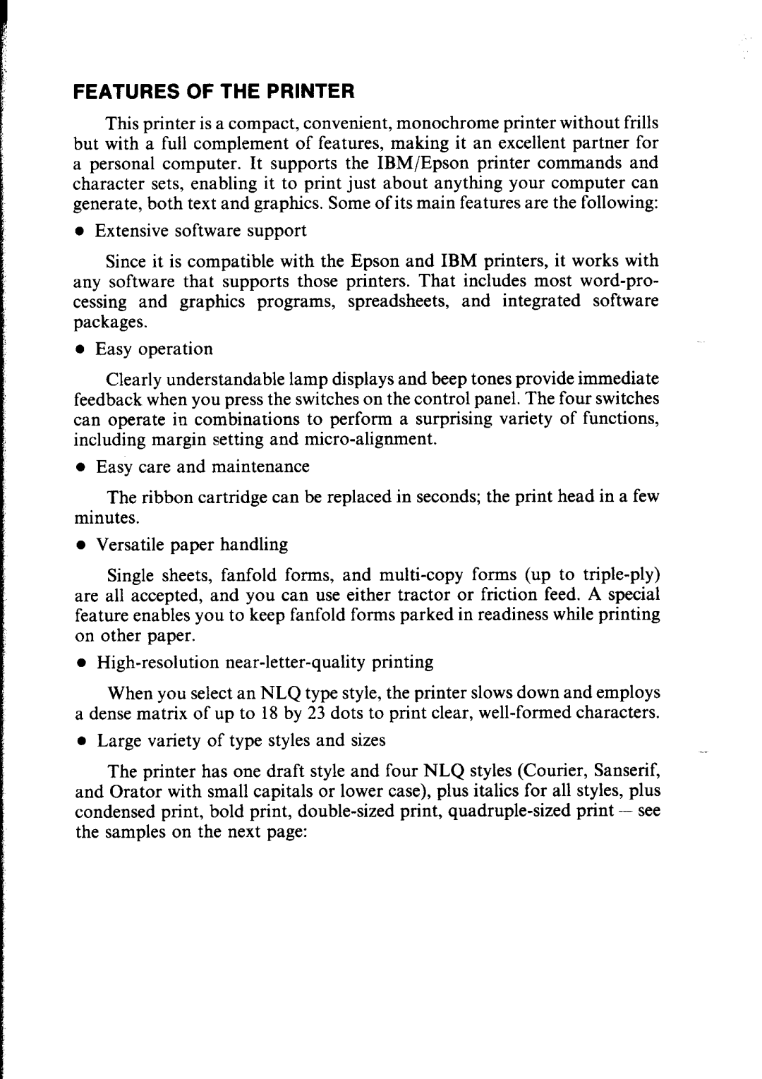 Star Micronics LC-IOII user manual Features of the Printer 