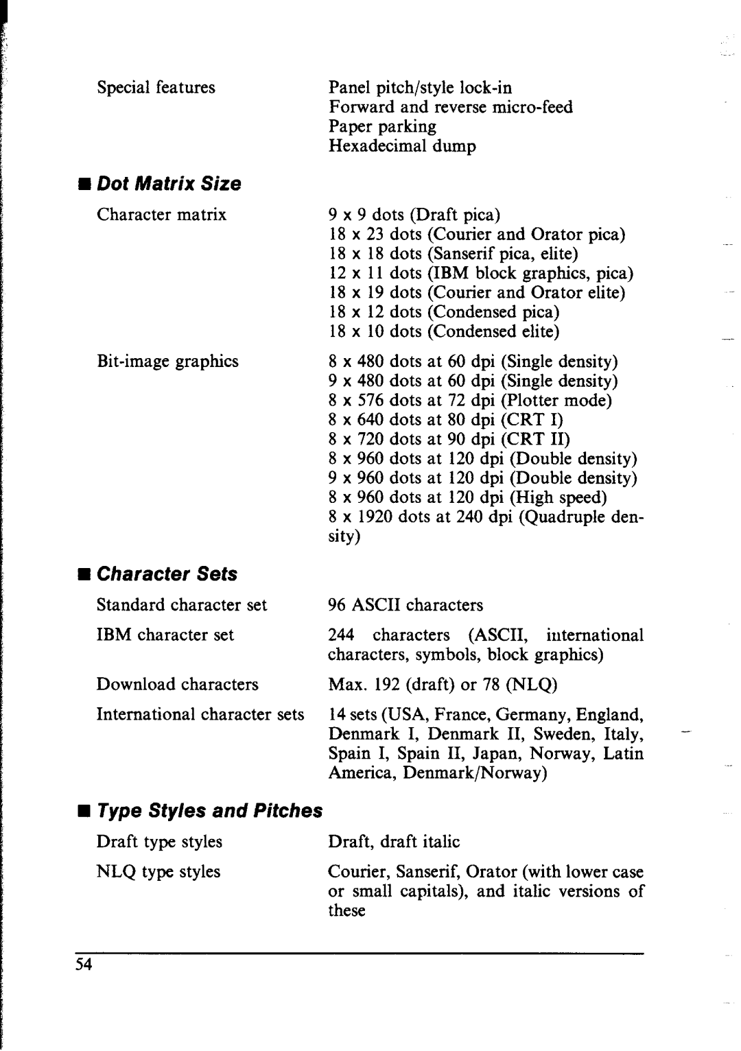 Star Micronics LC-IOII user manual WDot Matrix Size, Character Sets, Type Styles and Pitches 