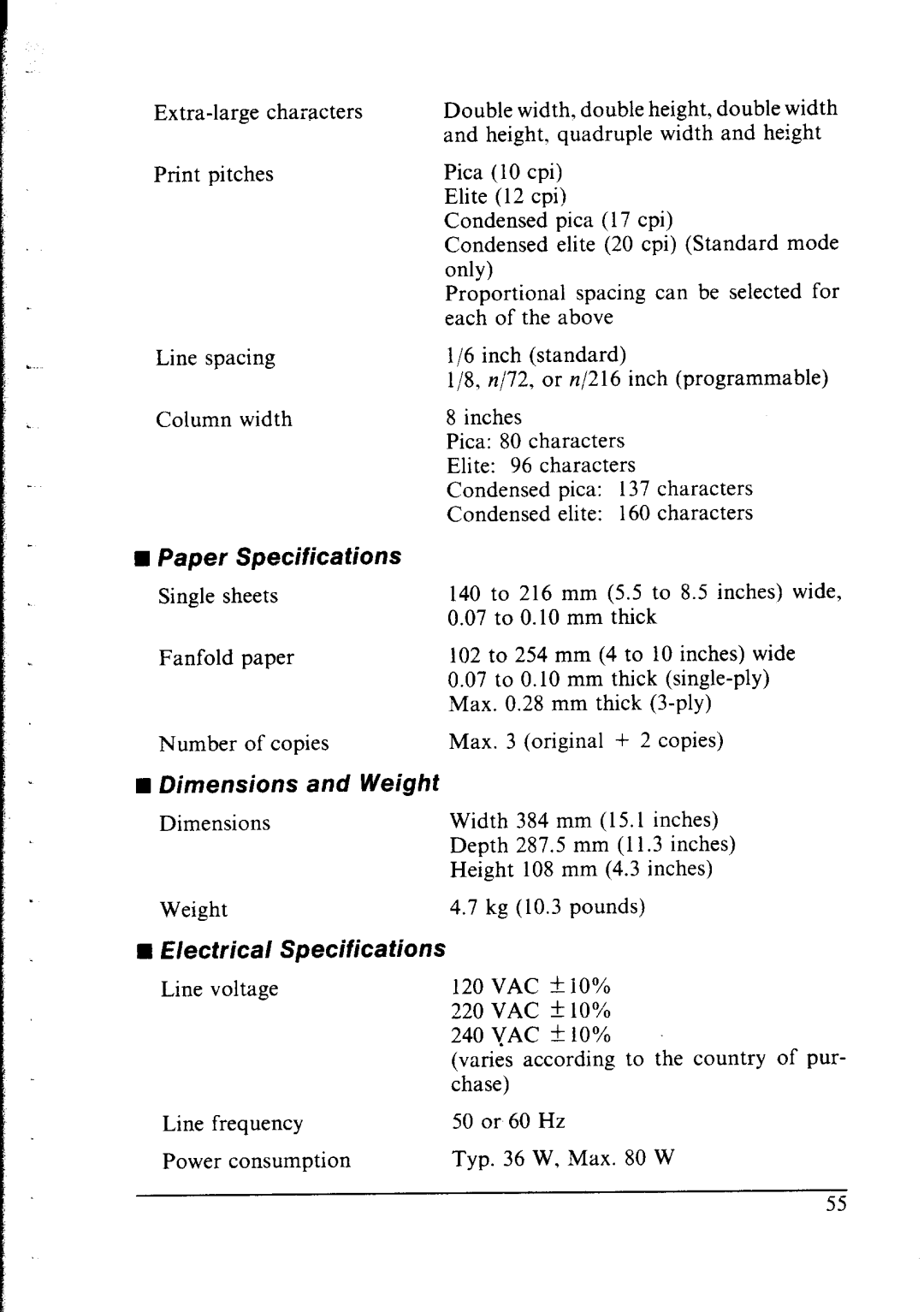 Star Micronics LC-IOII user manual WPaper Specifications, Dimensions and Weight, Electrical Specifications 