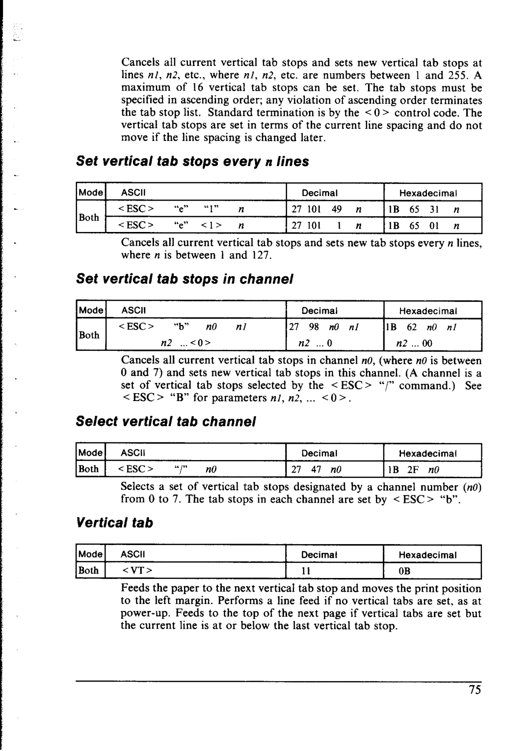 Star Micronics LC-IOII user manual Set vertical tab stops every n lines, Set vertical tab stops in channel, Vertical tab 