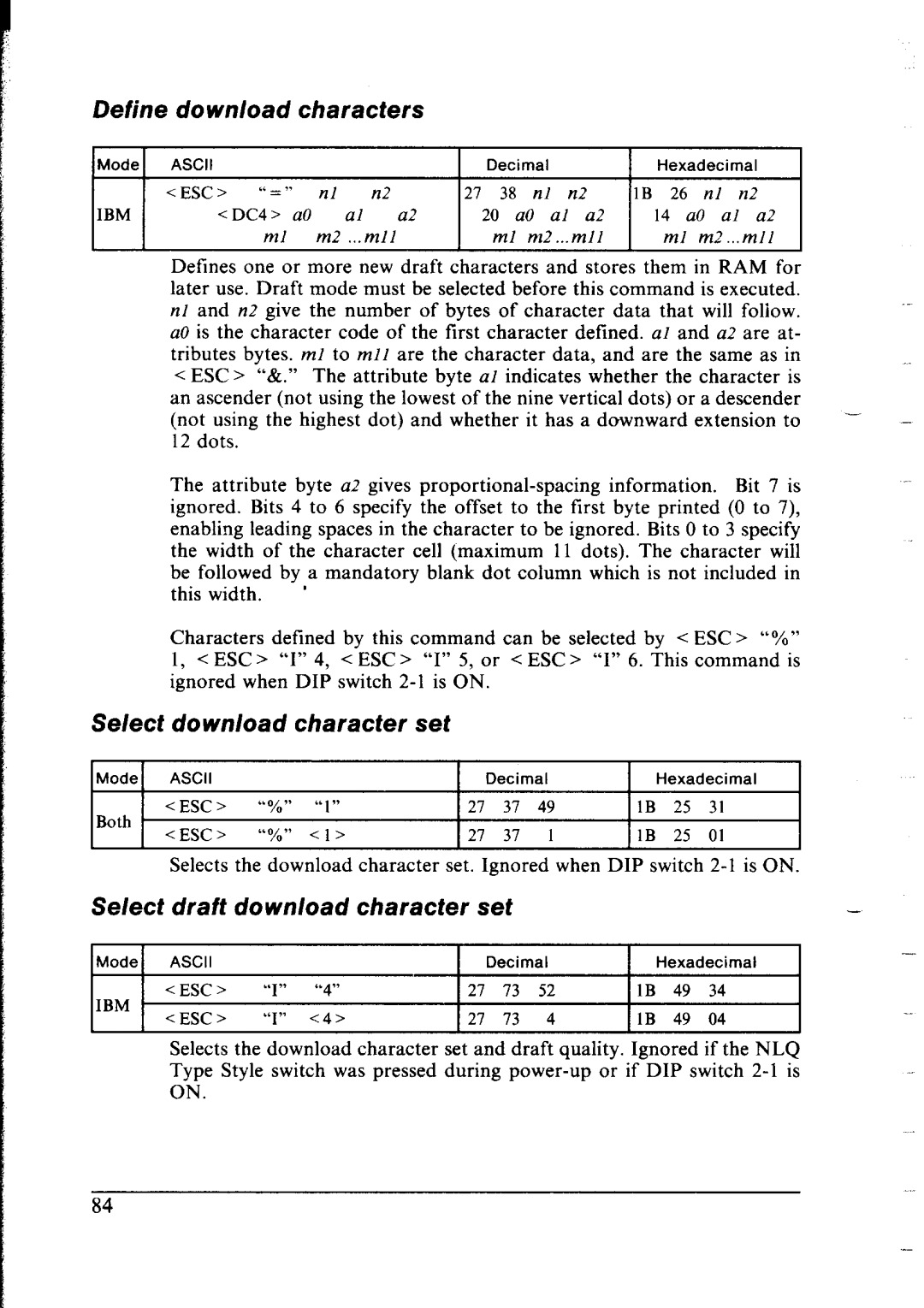 Star Micronics LC-IOII Define Download Characters, Select download character set, Select draft download character set 