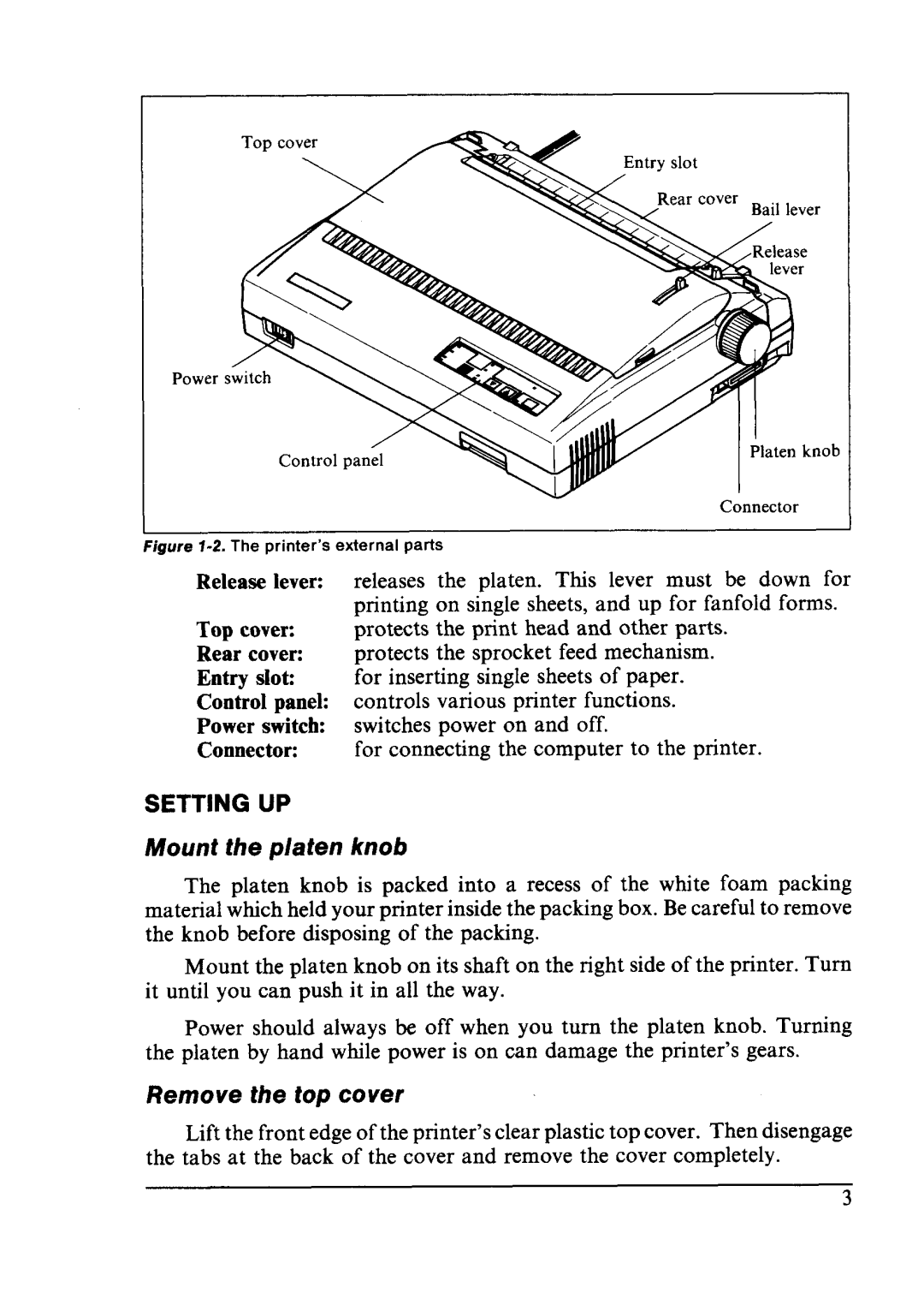 Star Micronics LC24-10 user manual Setting UP, Mount the platen knob, Remove the top cover 