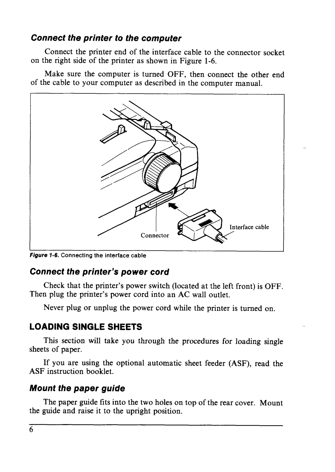 Star Micronics LC24-10 Connect the printer to the computer, Connect the printer’s power cord, Mount the paper guide 