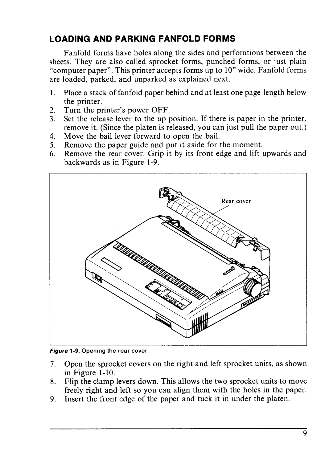 Star Micronics LC24-10 user manual Loading and Parking Fanfold Forms, Opening the rear cover 