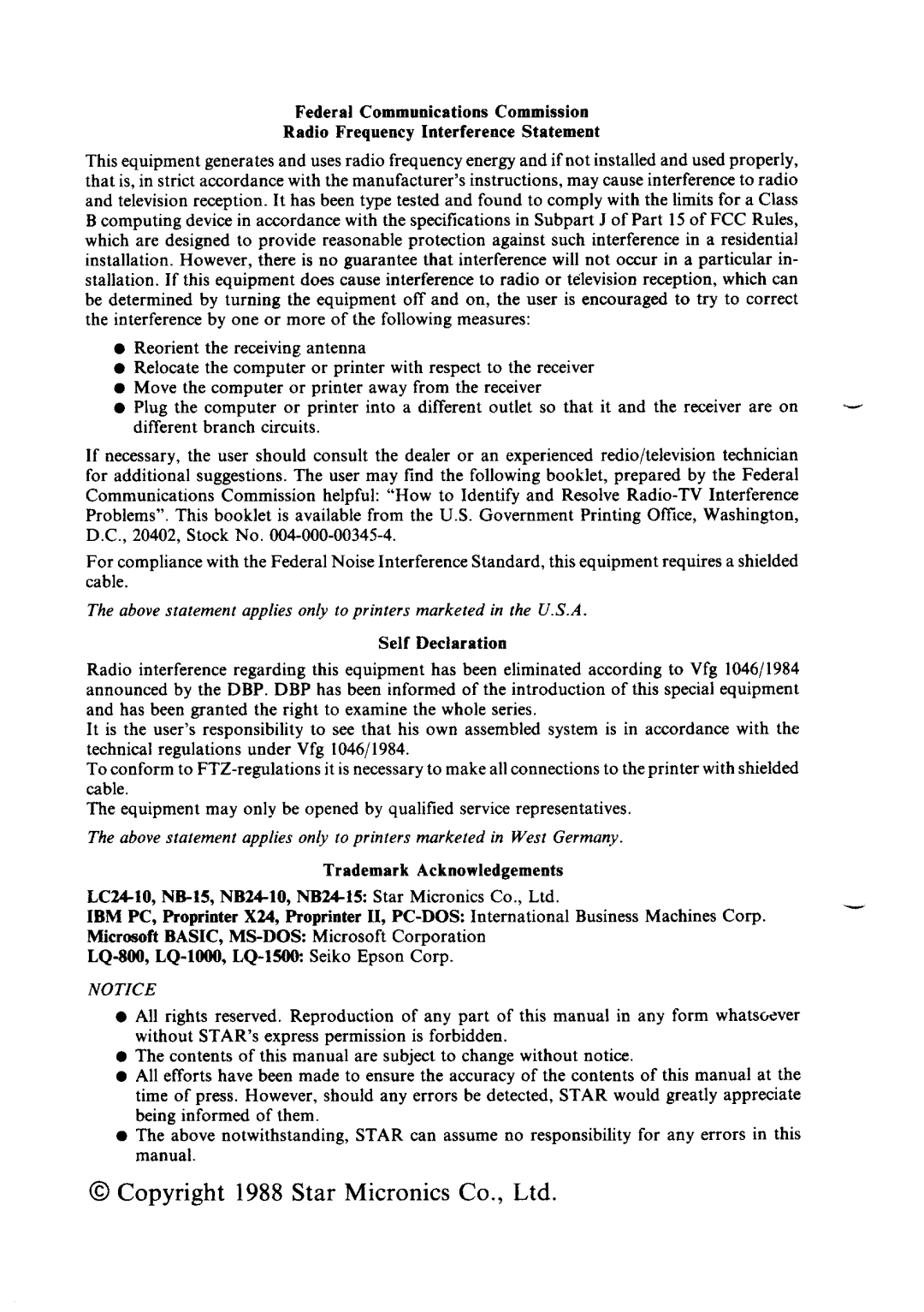 Star Micronics LC24-10 user manual Self Declaration 