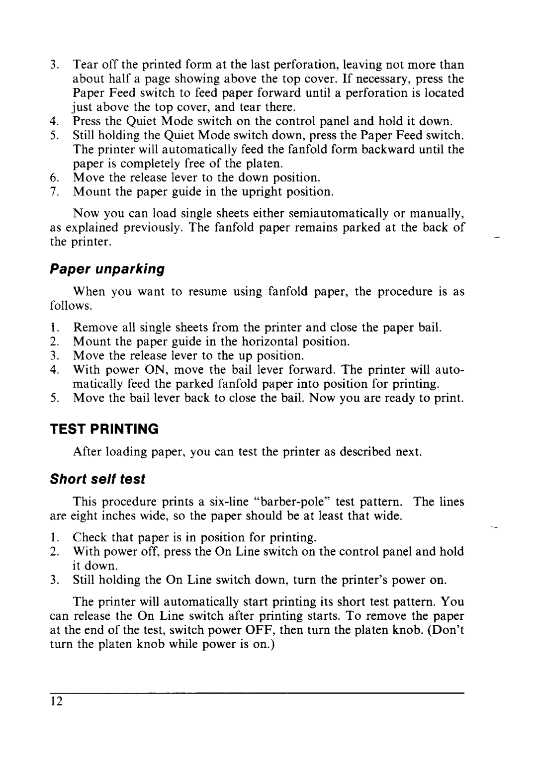 Star Micronics LC24-10 user manual Short se/f test, Paper unparking, Test Printing 