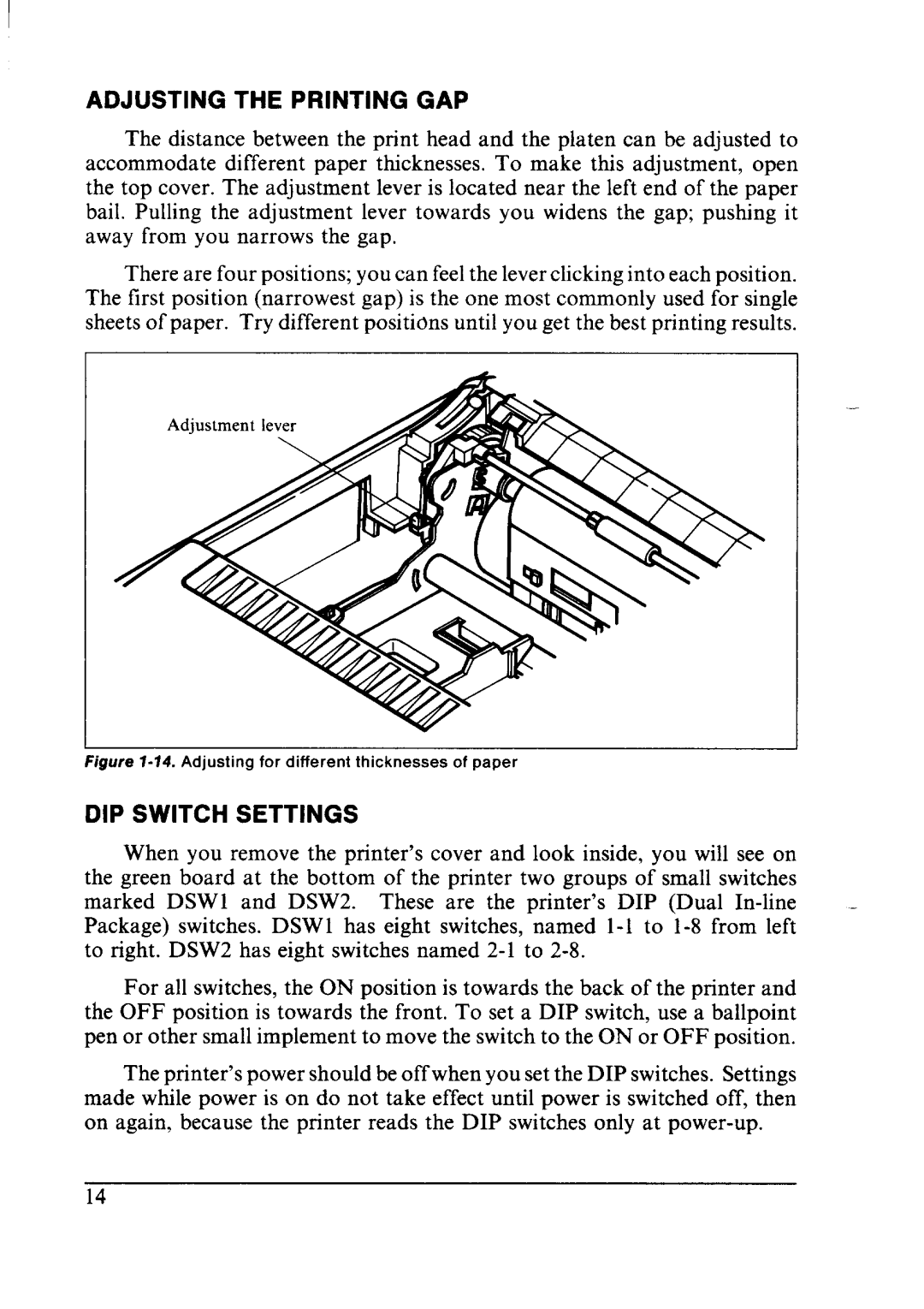 Star Micronics LC24-10 user manual Adjusting the Printing GAP, DIP Switch Settings 
