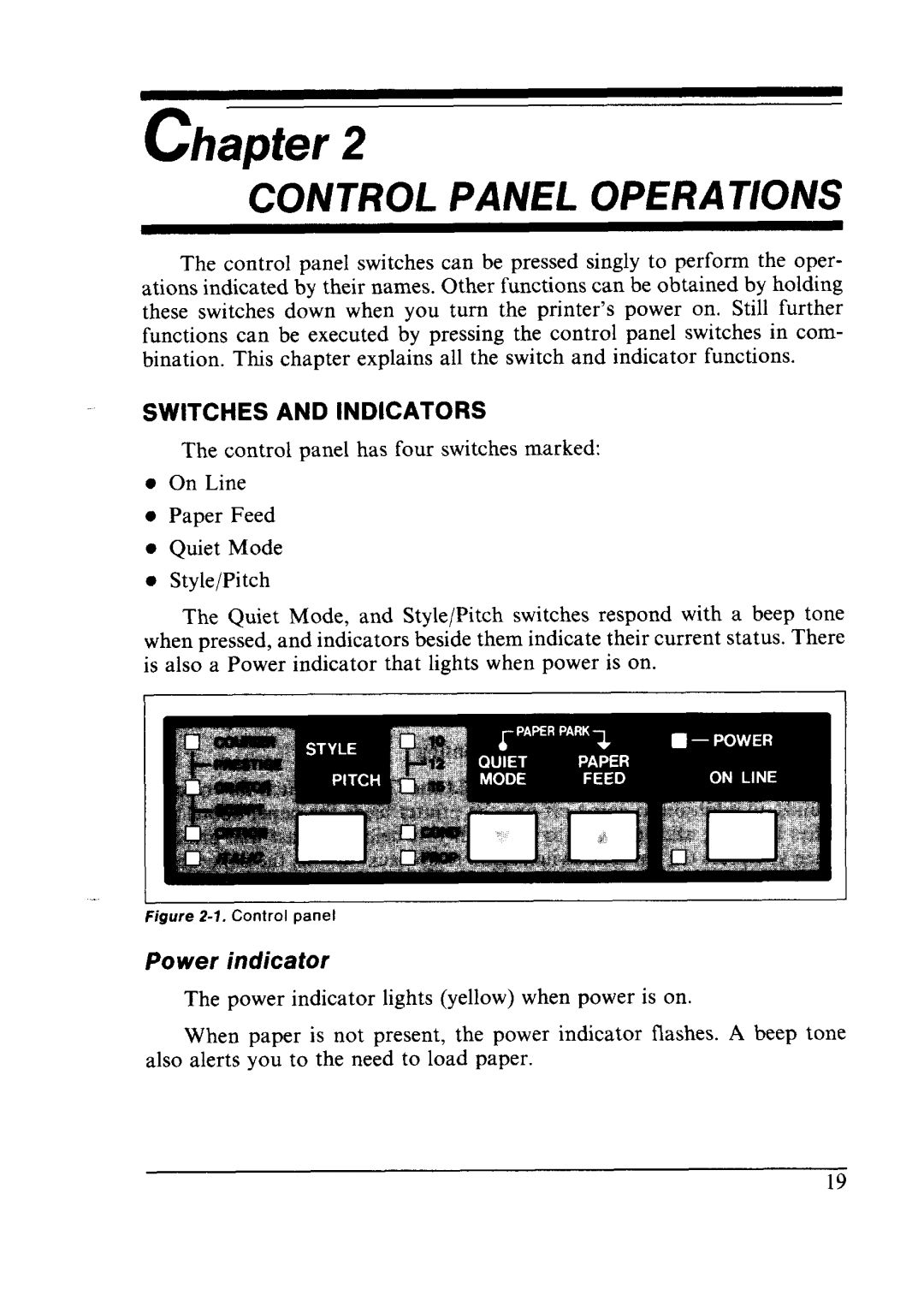 Star Micronics LC24-10 user manual Power indicator, Switches and Indicators 