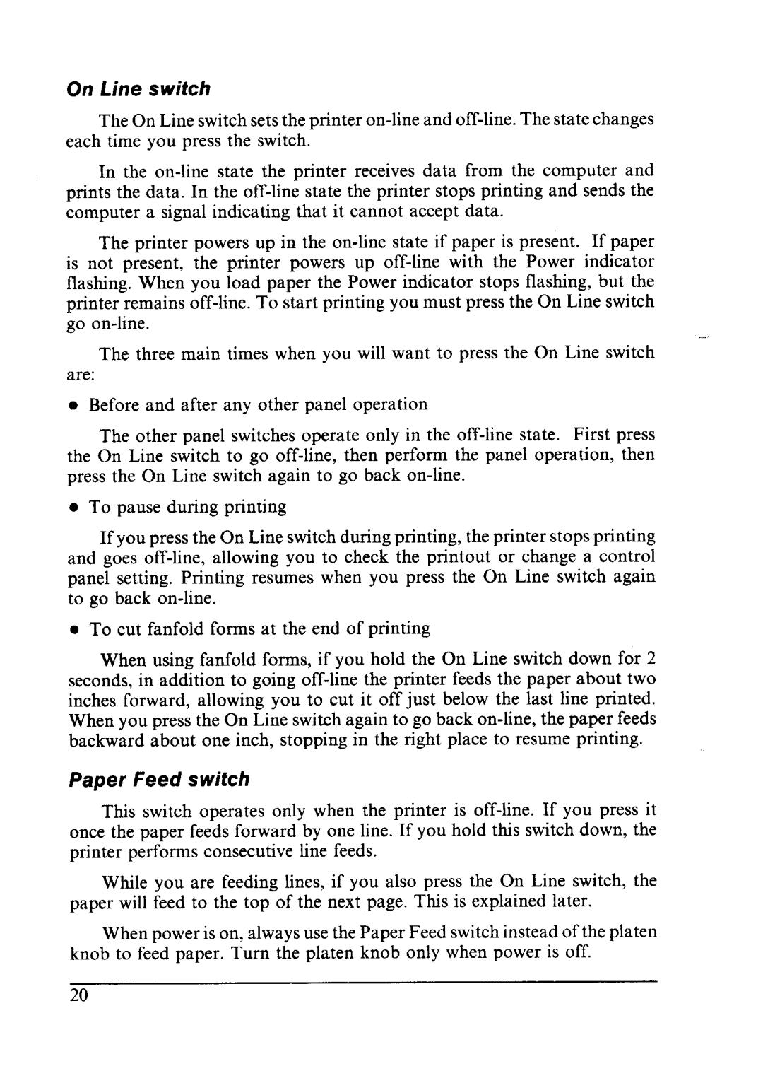 Star Micronics LC24-10 user manual On Line switch, Paper feed switch 