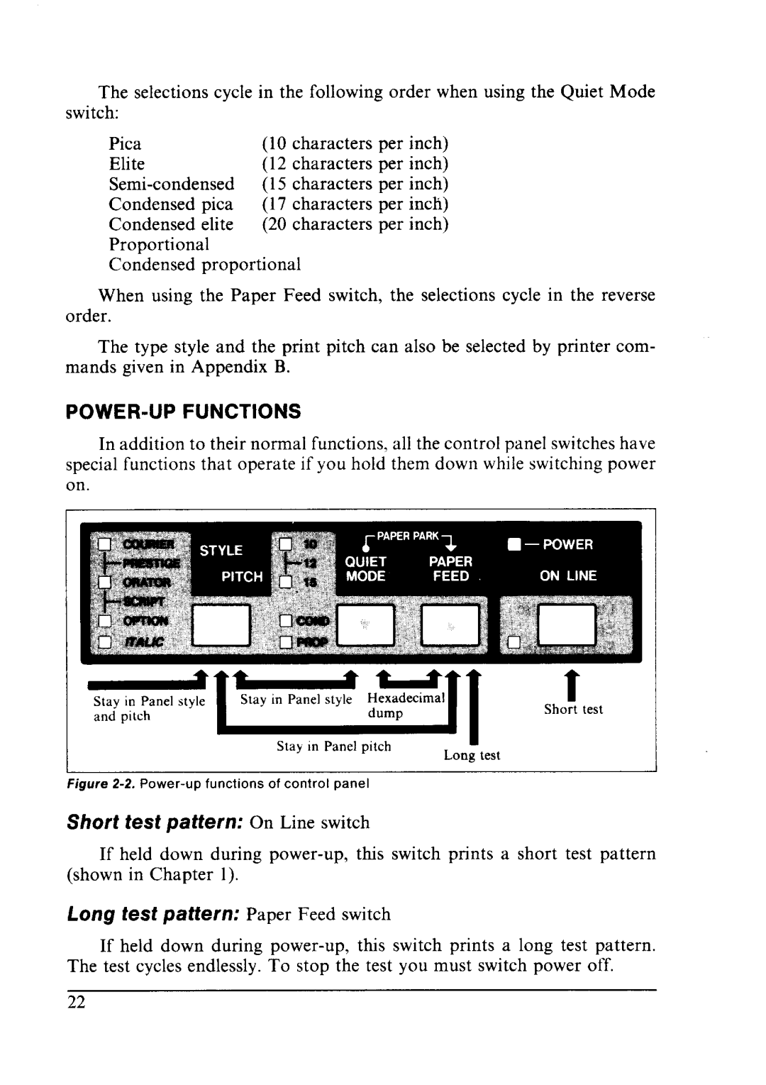 Star Micronics LC24-10 user manual Short test pattern On Line switch, POWER-UP Functions 