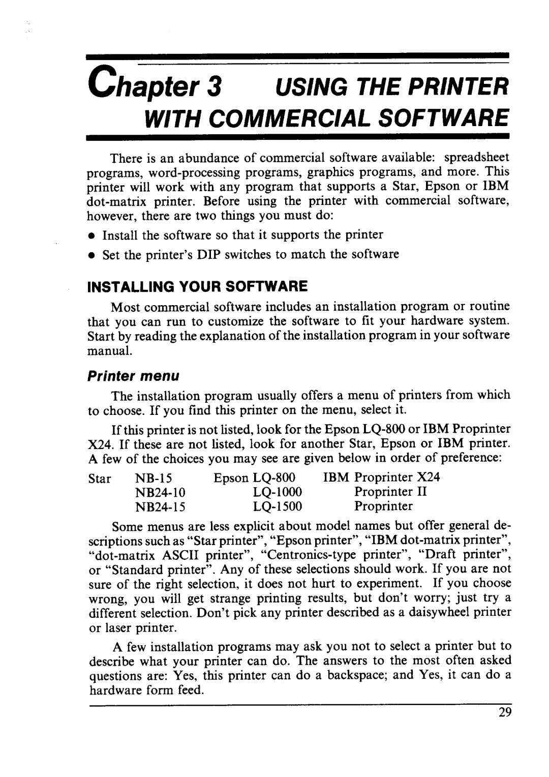 Star Micronics LC24-10 user manual Installing Your Software, Printer menu 