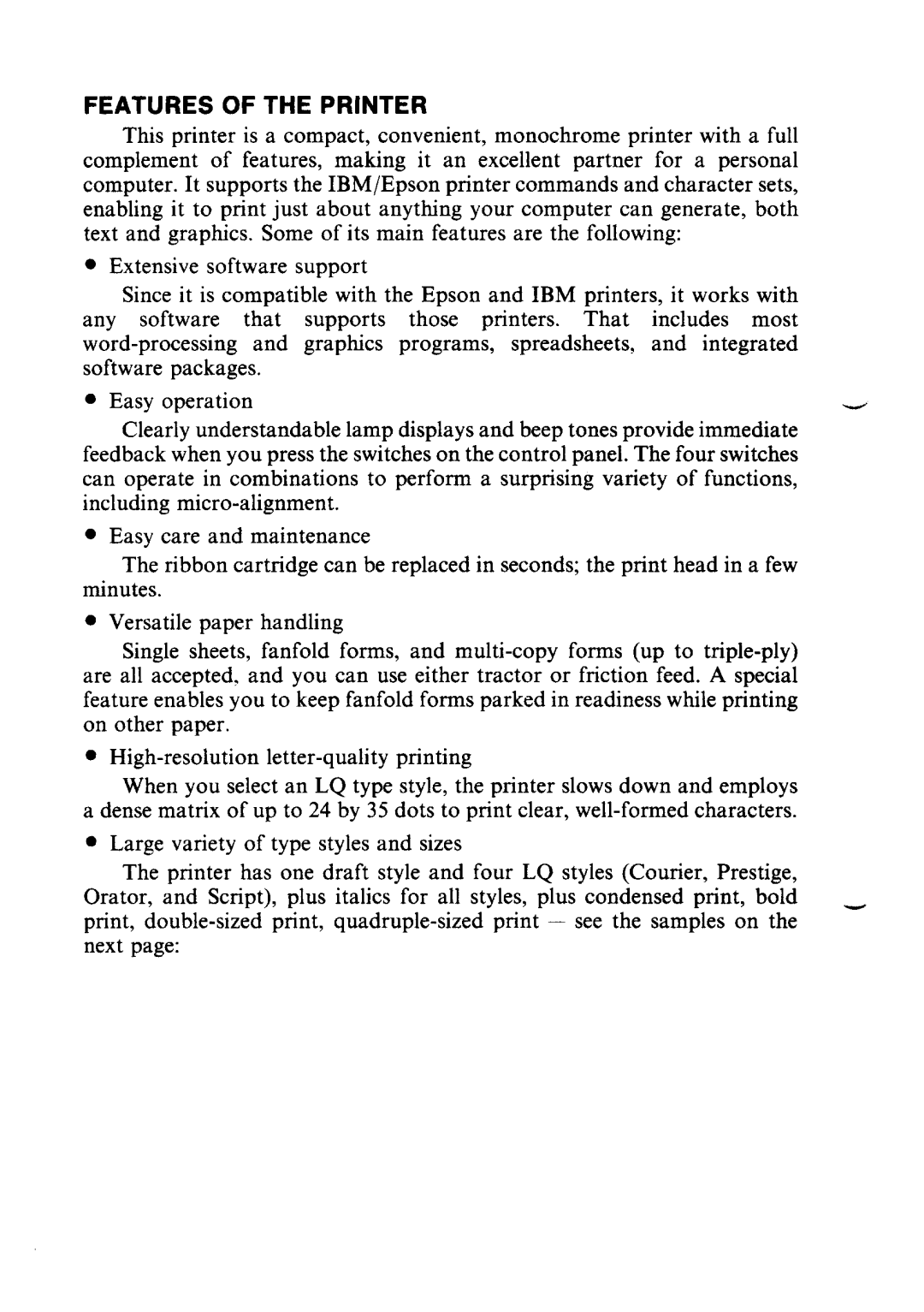 Star Micronics LC24-10 user manual Features of the Printer 