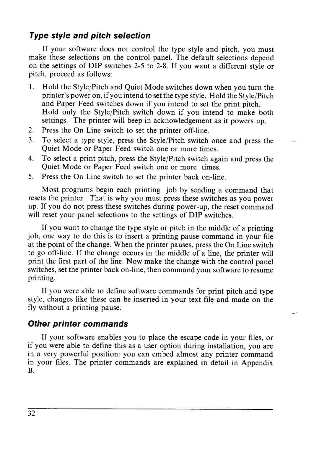 Star Micronics LC24-10 user manual Other printer commands, Type style and pitch selection 