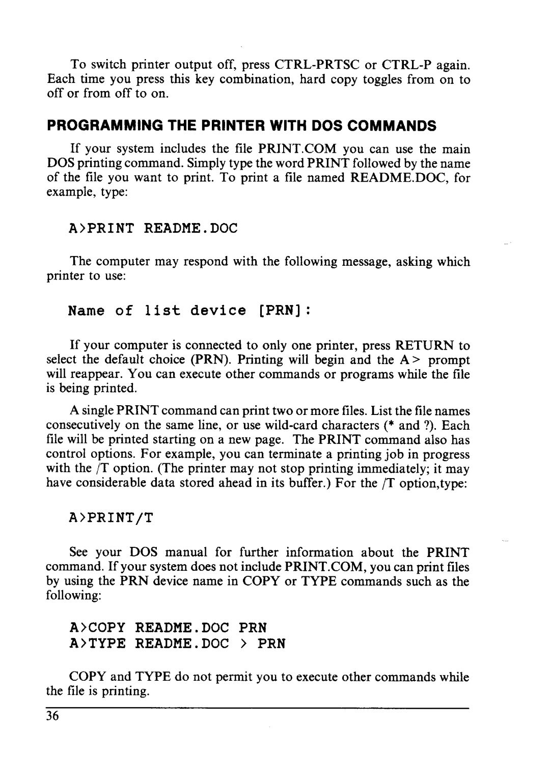 Star Micronics LC24-10 user manual Name of list device PRN, Programming the Printer with DOS Commands 