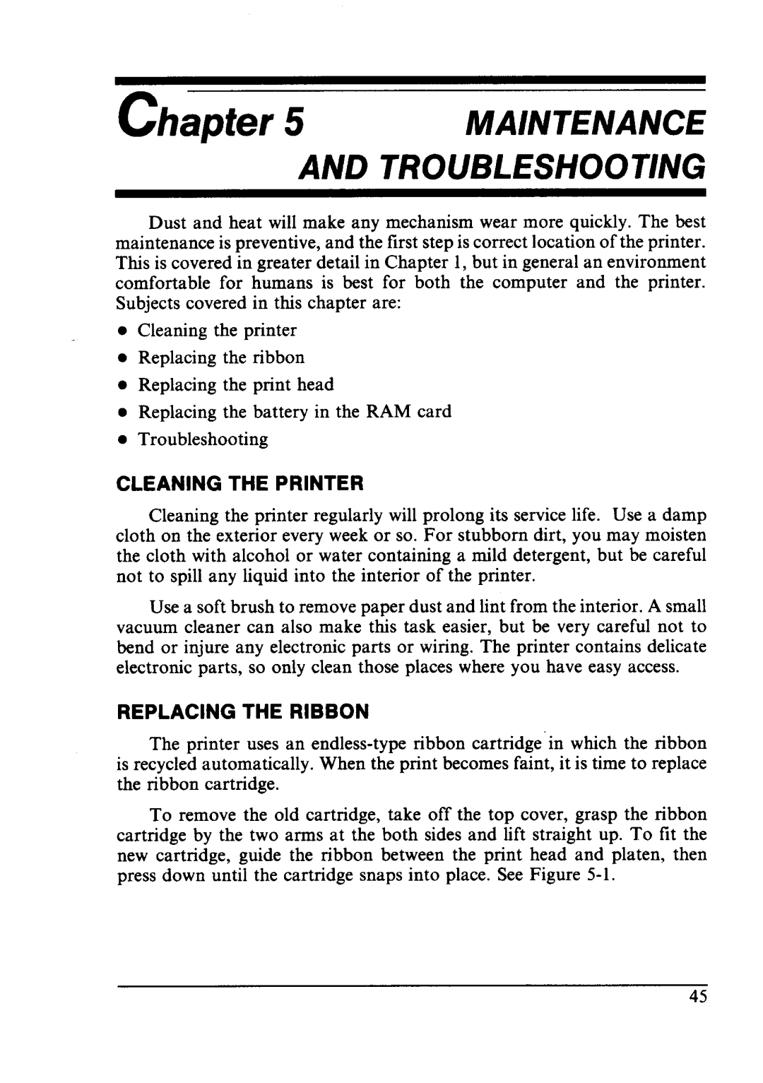 Star Micronics LC24-10 user manual Cleaning the Printer, Replacing the Ribbon 