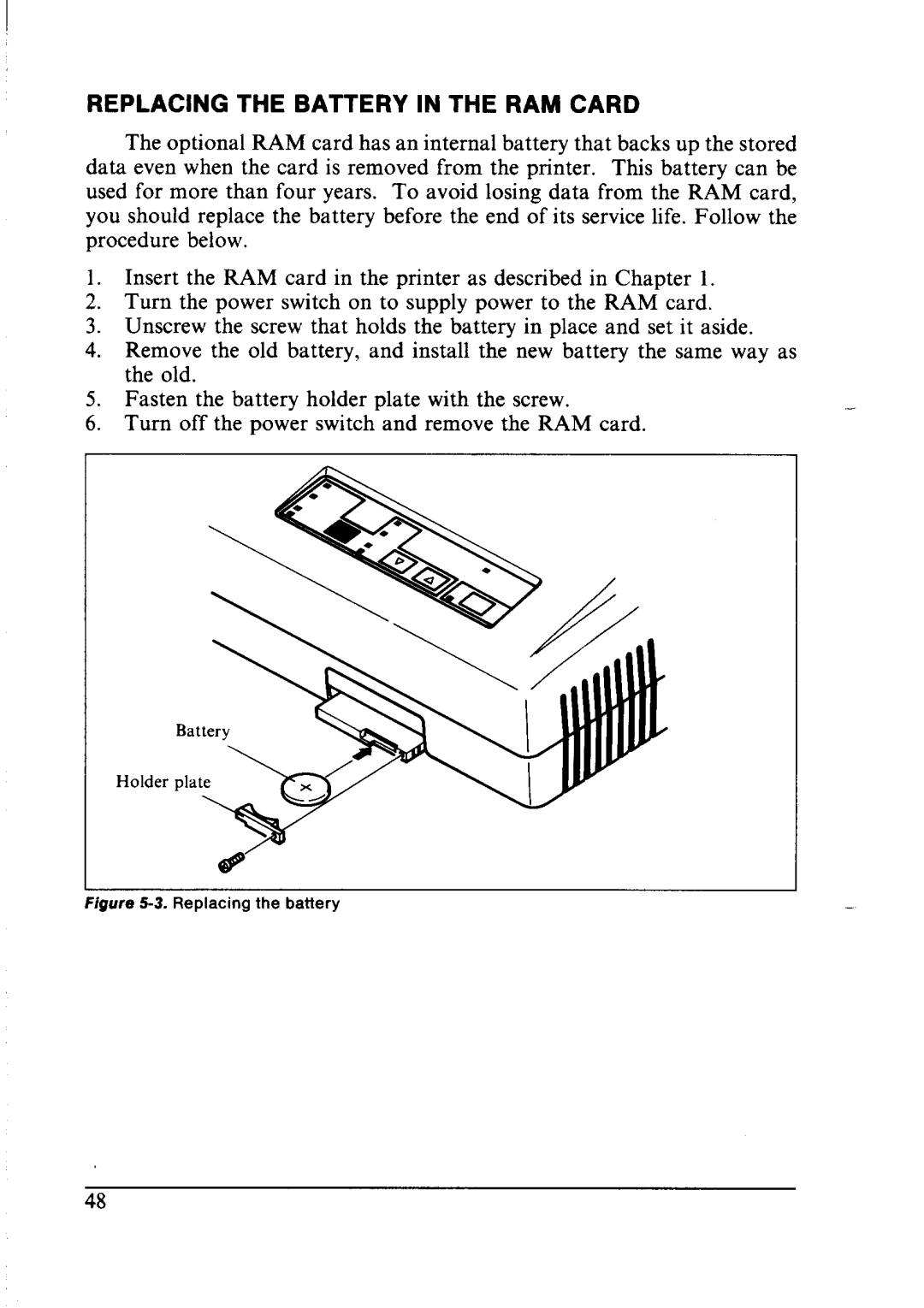 Star Micronics LC24-10 user manual Replacing the Battery in the RAM Card 