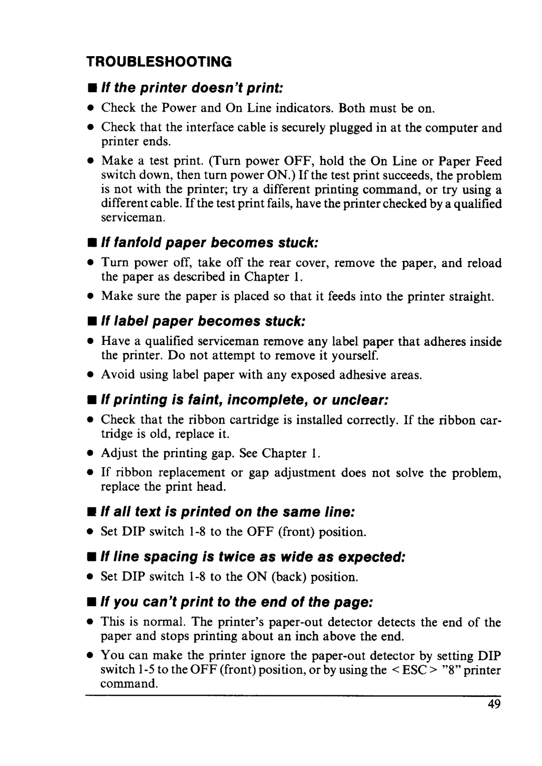 Star Micronics LC24-10 user manual Troubleshooting, If the printer doesn’t print 