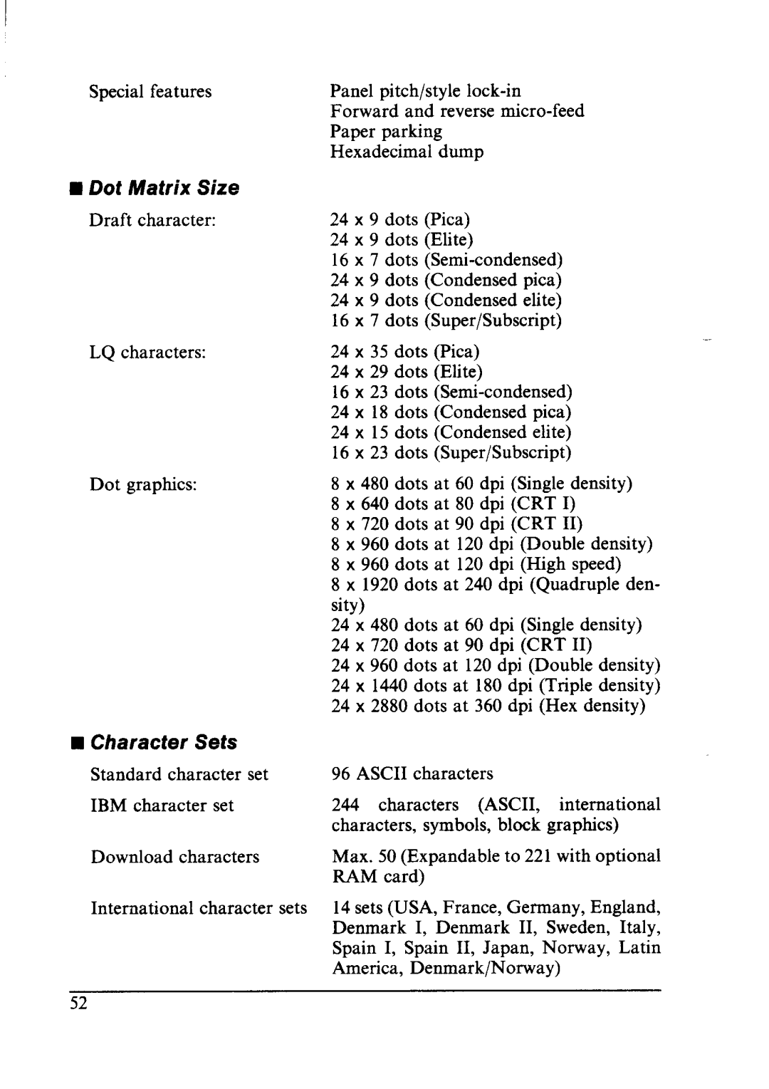 Star Micronics LC24-10 user manual Dot Matrix Size, Character Sets 