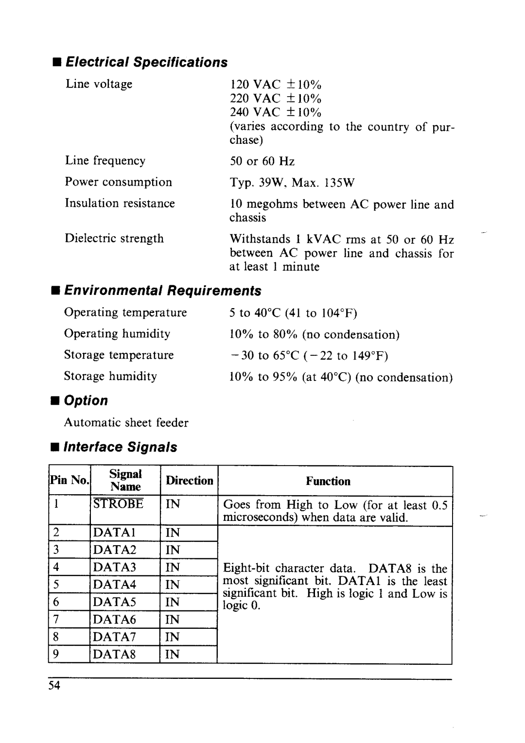 Star Micronics LC24-10 user manual Electrical Specifications, Environmental Requirements, Option, Fnterface Signals 