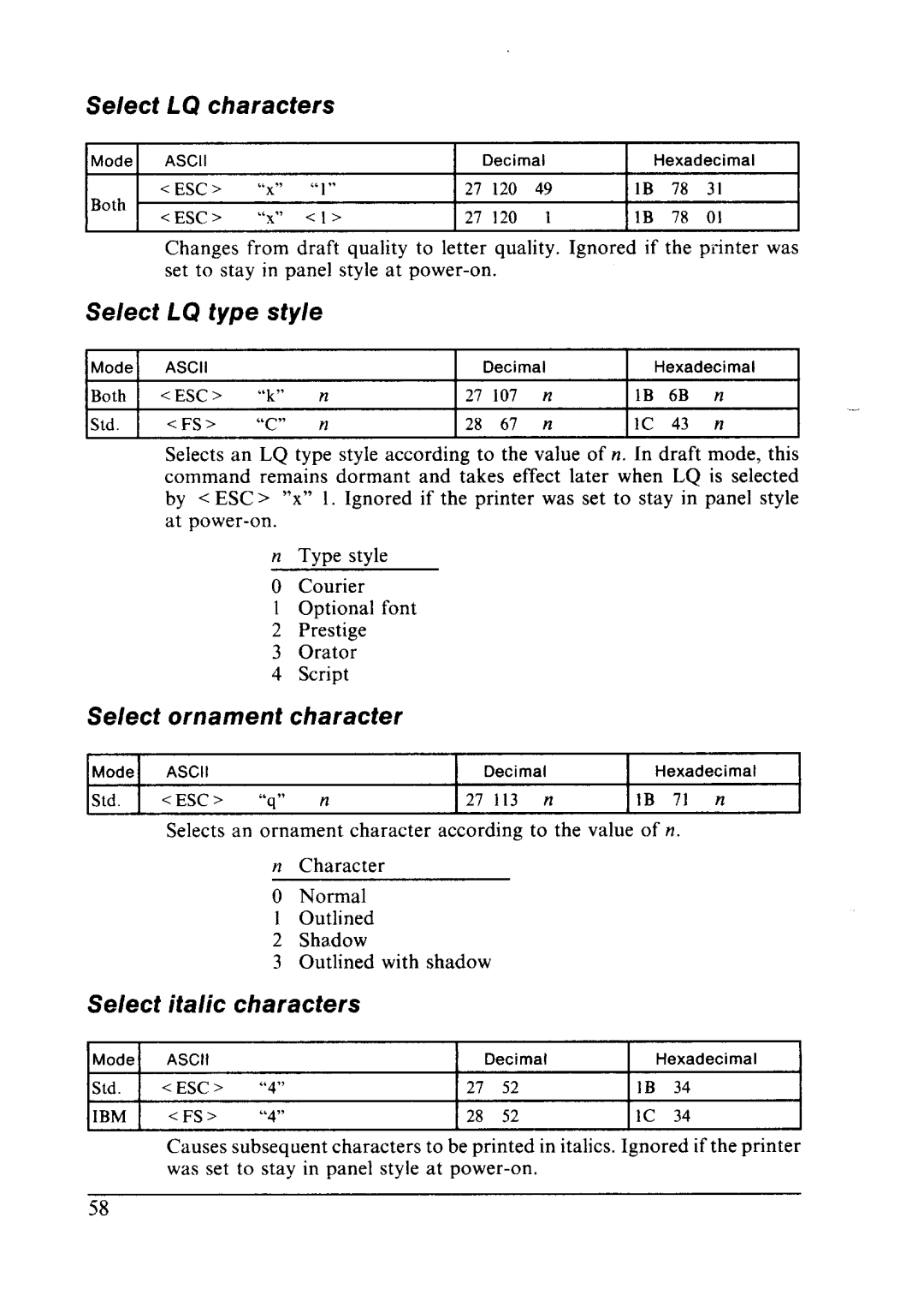 Star Micronics LC24-10 Select LQ characters, Select LQ type style, Select ornament character, Select italic characters 