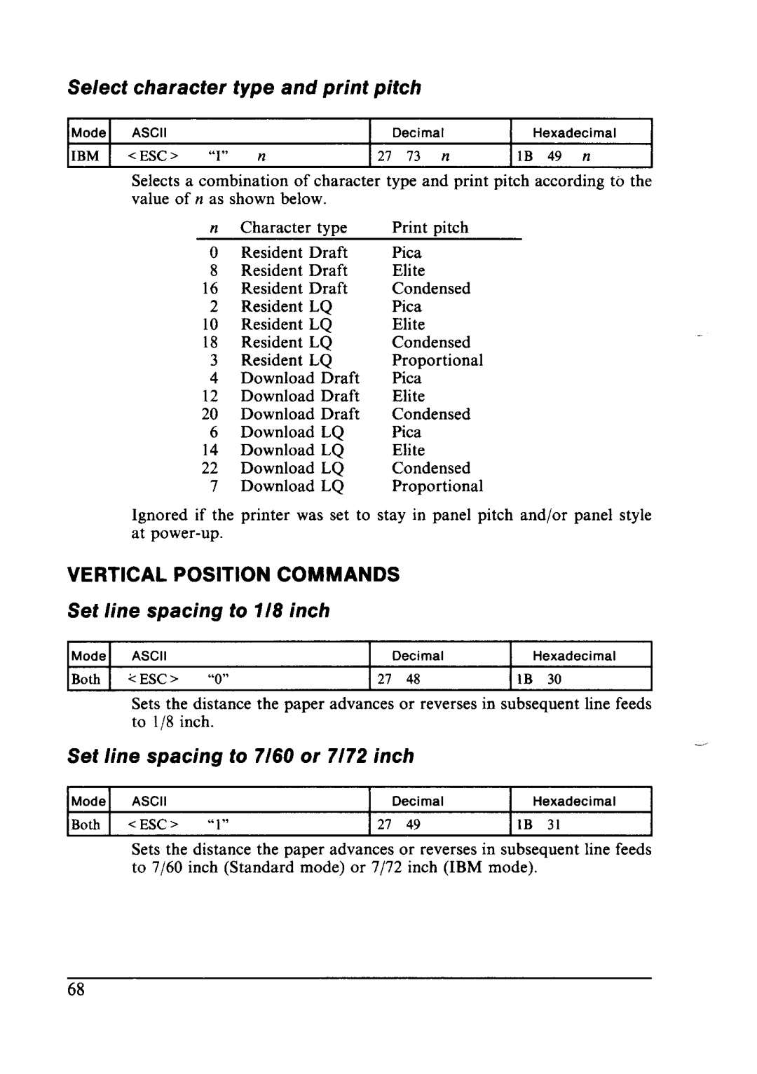 Star Micronics LC24-10 user manual Select character type and print pitch, Set line spacing to l/8 inch, Vertical, Commands 