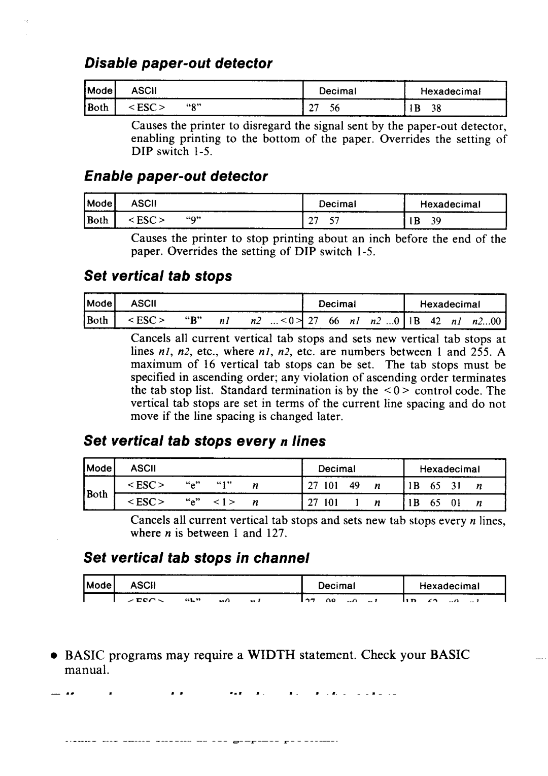 Star Micronics LC24-10 user manual Disable paper-out detector, Enable paper-out detector, Set vertical tab stops 