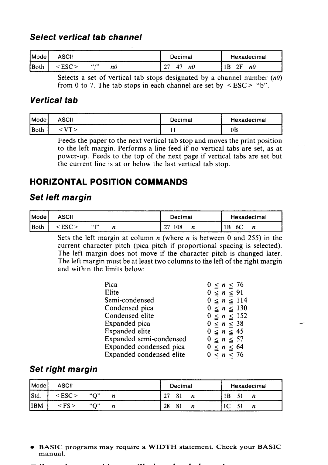 Star Micronics LC24-10 user manual Select Vertical Tab Channel, Vertical tab, Set left margin, Set right margin 