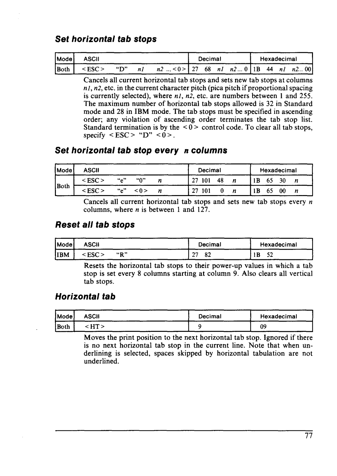 Star Micronics LC24-10 user manual Set horizontal tab stops, Horizontal tab 