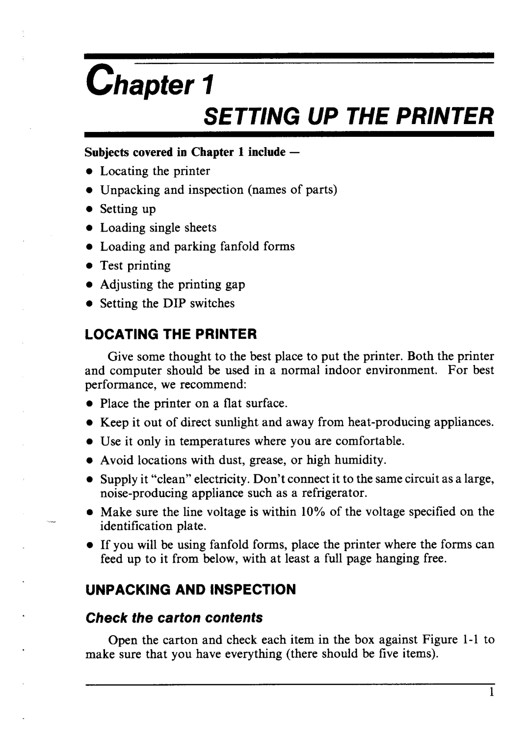 Star Micronics LC24-10 user manual Locating the Printer, Unpacking and Inspection, Check fhe carton contents 